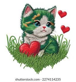 Tapestry textured cute kitten and red love hearts green grass  Embroidery vector background illustration and beautiful ornamental sweet little cat   red love hearts  Embroidered grunge texture 