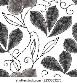 Tapestry textured floral seamless pattern. Embroidery black and white stitched lines background. Embroidered abstract hand drawn flowers, leaves, dotted lines, stitches, swirls. Grunge endless texture