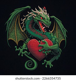 Tapiz texturizado dragón feroz verde con ojos rojos, dientes afilados, alas, sosteniendo corazones de amor rojos en las manos. Ilustración de fondo de patrón de dragón en color bordado. Textura bordada de superficie.