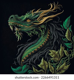 Tapestry textured green fierce dragon with sharp teeth. Embroidery colorful dragon pattern. Floral leafy background illustration. Surface embroidered texture. Chinese symbol. Ornate decorative design.