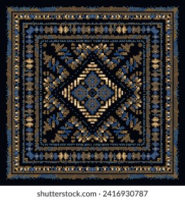 Tapestry tribal ethnic colorful pixel art mosaic seamless pattern with square frames, borders. Textured grungy vector background. Geometric embroidery squares ornaments. Embroidered patterned texture.