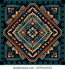 Tapestry tribal ethnic colorful seamless pattern with square stitch frame. Textured border background. Geometric embroidered ornament. Repeat grunge backdrop. Embroidered patterned endless texture.