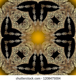 Tapestry vintage gold vector seamless pattern. Abstract grunge embroidered ornament. Repeat textured backdrop. Embroidery ornamental floral background. Grungy texture. Design for material, fabric
