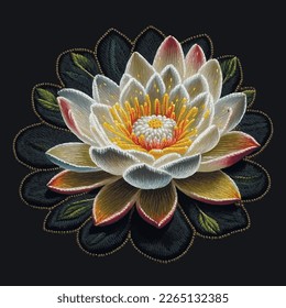 Tapestry waterlily. Embroidered lotus flower, leaves on black background. Embroidery floral vector wallpaper illustration with beautiful stitch textured lotus flower. Stitching lines surface texture.