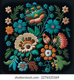 Tapestry wildflowers. Embroidered colorful flowers, leaves. Embroidery floral ethnic style background tile illustration. Beautiful stitch textured vector wildflowers. Stitching lines surface texture. 