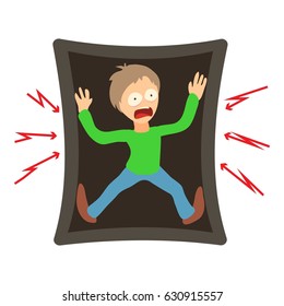 Taphefobia concept. Cartoon illustration of a man suffering from the fear of being buried alive