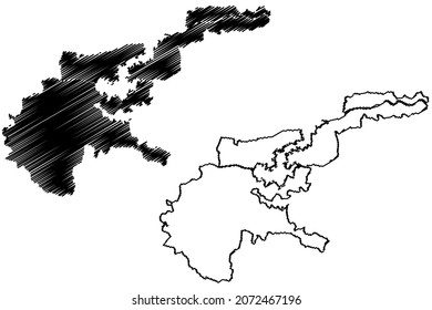 Mapa del distrito de Tapi (estado de Gujarat, República de la India), ilustración del vector, esbozo del mapa Tapi