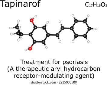 Tapinarof, fórmula química y estructura molecular; Tapinarof es un modulador de los receptores de arilo hidrocarbónico indicado para el tratamiento de la psoriasis.