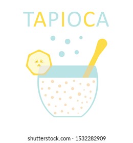 Tapioca with banana in a bowl with a spoon. Flat vector on white background