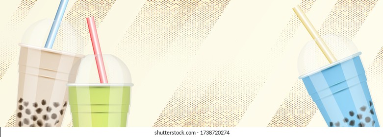 Tapioca black pearls bubble milk tea. Taiwanese tea - based drink with chewy tapioca ball. The Bubble Tea is Taiwanese popular drink. Top view. Great for horizontal posters, header for website. Vector