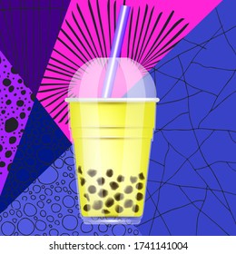 Tapioca black pearls bubble milk tea isolated on bright abstract hand-drawn patterns. Taiwanese tea-based drink with chewy tapioca ball. The Bubble Tea is Taiwanese famous and popular drink. Vector