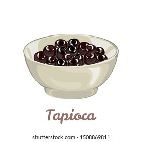 Tapioca black pearls for bubble tea in bowl isolated on white background. Vector illustration of tapioca ball or boba in cartoon simple flat style.