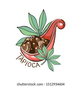 Tapioca black pearls for bubble tea isolated. Hand drawn illustration of Tapioca balls In cartoon. Spoon of Tapioca balls. Tapioca or Cassava leaves. Isolated object on white background in vector.