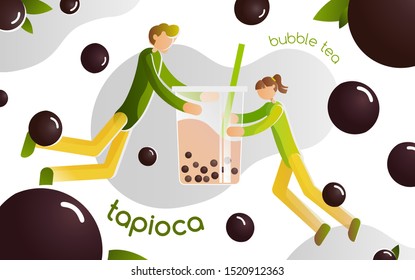 Tapioca with bubble milk tea. Levitating male and female with a delicious drink and brown boba pearls and leaves. Bright vector illustration