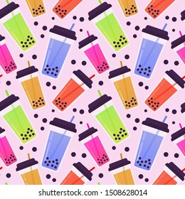 Tapioca colored glasses flat design seamless vector pattern illustration. Different colored glassed. Cool flat vector design for menu illustration. 