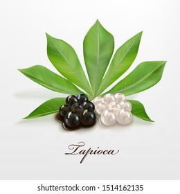 Tapioca gelled balls for bubble tea, Tapioca black and white pearls with manioca leaf isolated on light background. Ingredients for making pearl milk tea, shaved ice at dessert shop. Food