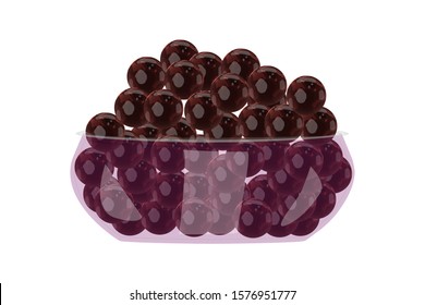 Tapioca in glass bowl isolated on white background. Ingredient for Bubble tea, milk tea, Taiwanese drink. Asian product. Boba pearl, bubble topping for tea or other beverage, in a cup. Stock vector.