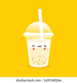 Tapioca milk tea. Mango flavor Bubble Tea with happiness face on yellow background. Pearl milk tea. Kawaii character emoticon for wallpaper, cover, banner, advertising, sticker. Vector Bubble Tea.