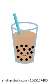 Tapioca in a transparent glass with a straw. Vector color isolated image. Brown drink.
