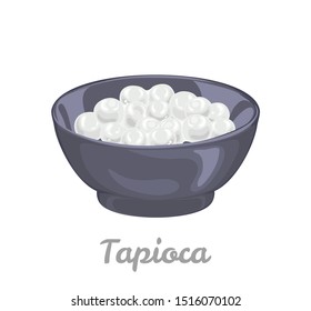 Tapioca white pearls in black bowl isolated on white background. Vector illustration of tapioca ball or boba  for bubble tea in cartoon simple flat style.