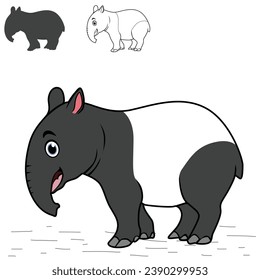 Tapir Cartoon. Tapir Cartoon illustration with line art and silhouette. wildlife animal isolated. Animal illustration collection. Tapir Cartoon character