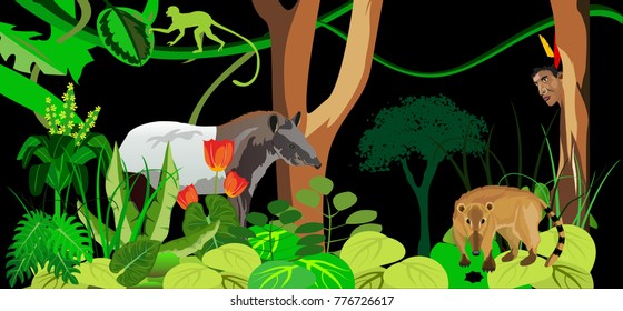 Tapir and coati among tropical jungle, aboriginal indian in jungle, wildlife, vector. Trees, plants.