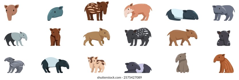 Tapir icons set. Adorable tapirs showcasing various colors and engaging in different activities, creating a charming and diverse collection