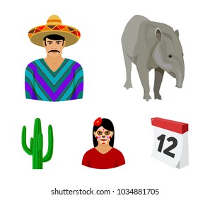 Tapir Mexican animal, a Mexican in national clothes in a poncho, a woman with a flower, a cactus. Mexico country set collection icons in cartoon style vector symbol stock illustration web.