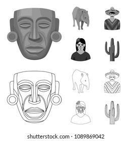 Tapir Mexican animal, a Mexican in national clothes in a poncho, a woman with a flower, a cactus. Mexico country set collection icons in outline,monochrome style vector symbol stock illustration web.