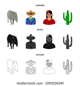 Tapir Mexican animal, a Mexican in national clothes in a poncho, a woman with a flower, a cactus. Mexico country set collection icons in cartoon,black,outline style vector symbol stock illustration