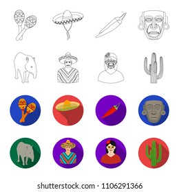 Tapir Mexican animal, a Mexican in national clothes in a poncho, a woman with a flower, a cactus. Mexico country set collection icons in outline,flat style vector symbol stock illustration web.
