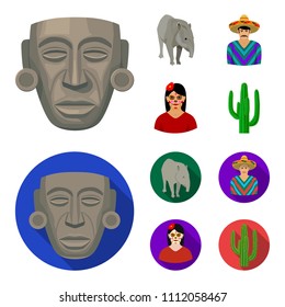 Tapir Mexican animal, a Mexican in national clothes in a poncho, a woman with a flower, a cactus. Mexico country set collection icons in cartoon,flat style vector symbol stock illustration web.