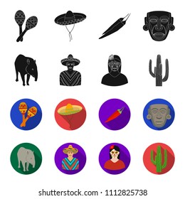 Tapir Mexican animal, a Mexican in national clothes in a poncho, a woman with a flower, a cactus. Mexico country set collection icons in black,flet style vector symbol stock illustration web.