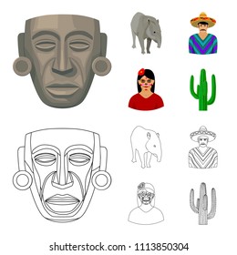 Tapir Mexican animal, a Mexican in national clothes in a poncho, a woman with a flower, a cactus. Mexico country set collection icons in cartoon,outline style vector symbol stock illustration web.