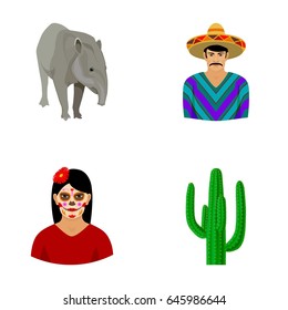 Tapir Mexican animal, a Mexican in national clothes in a poncho, a woman with a flower, a cactus. Mexico country set collection icons in cartoon style vector symbol stock illustration web.