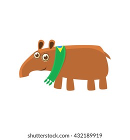Tapir Wearing Brazilian Fan Scarf Illustration. Funny Childish Vector Tapir Drawing. Flat Isolated Cartoon Animal Icon.