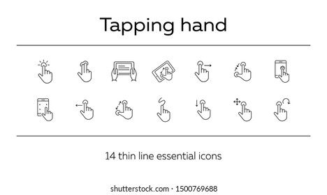Tapping hand icons. Set of line icons. Hand holding mobile, hands with tablet. Touchscreen concept. Vector illustration can be used for topics like modern technologies, internet