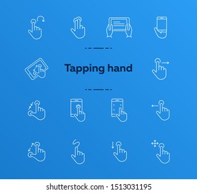Tapping hand icons. Set of line icons. Hand holding mobile, hands with tablet. Touchscreen concept. Vector illustration can be used for topics like modern technologies, internet