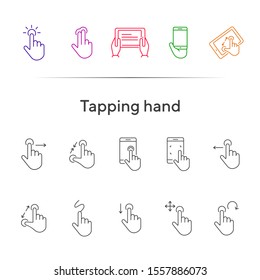 Tapping hand icons. Set of line icons. Hand holding mobile, hands with tablet. Touchscreen concept. Vector illustration can be used for topics like modern technologies, internet