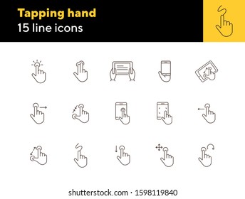 Tapping hand icons. Set of line icons. Hand holding mobile, hands with tablet. Touchscreen concept. Vector illustration can be used for topics like modern technologies, internet