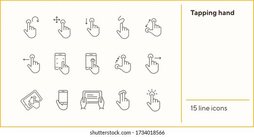 Tocando iconos de la mano. Juego de iconos de línea. Mano en el móvil, manos con tablet. Concepto de pantalla táctil. La ilustración vectorial puede utilizarse para temas como las tecnologías modernas, Internet