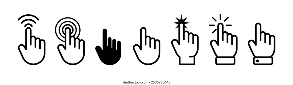 Tapping or selecting button on touchscreen. Vector isolated flat icons of retro cursors with hand and clicking interaction. UI and UX experience of user using application or programs in web