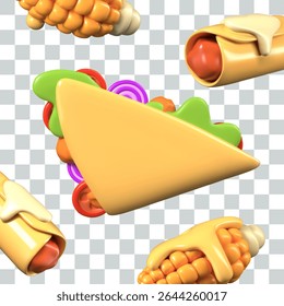 Taquitos, quesadillas, baked corn with sauce, elote. Isolated vector composition in realistic style
