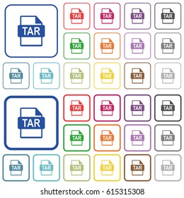 TAR file format color flat icons in rounded square frames. Thin and thick versions included.