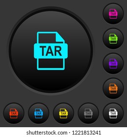 TAR file format dark push buttons with vivid color icons on dark grey background