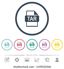 TAR file format flat color icons in round outlines. 6 bonus icons included.