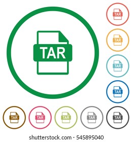 TAR file format flat color icons in round outlines on white background