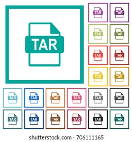 TAR file format flat color icons with quadrant frames on white background