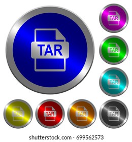 TAR file format icons on round luminous coin-like color steel buttons