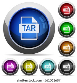 TAR file format icons in round glossy buttons with steel frames